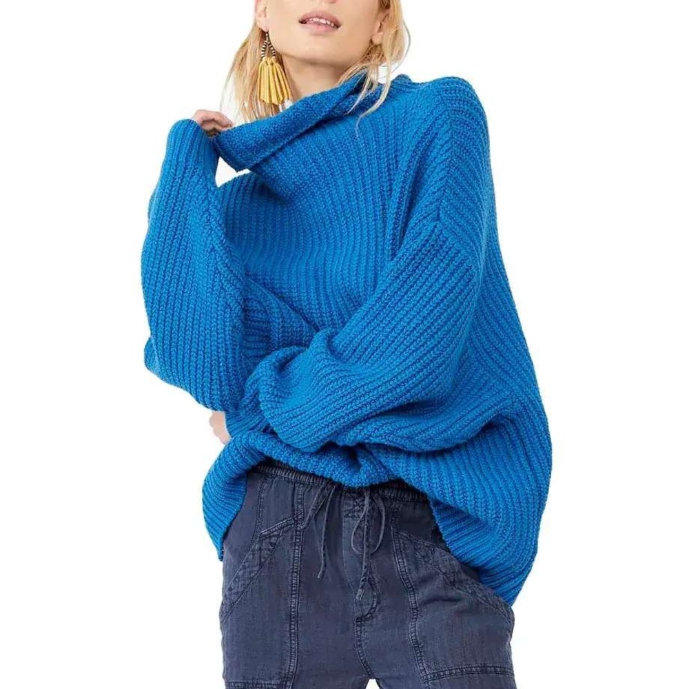 Free People Swim Too Deep Turtleneck Sweater Mykonos Blue Ribbed Knit M